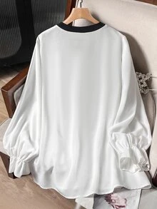 Modelyn Áo blouse nữ tay dài bèo nhún phối ren thanh lịch đa năng phong cách công sở mùa xuân thu size lớn - trắng - Xem 2