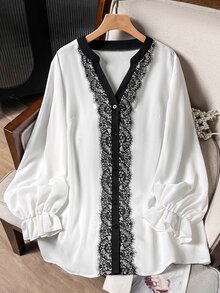 Modelyn Áo blouse nữ tay dài bèo nhún phối ren thanh lịch đa năng phong cách công sở mùa xuân thu size lớn - trắng - Xem 3