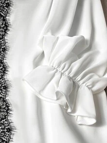 Modelyn Áo blouse nữ tay dài bèo nhún phối ren thanh lịch đa năng phong cách công sở mùa xuân thu size lớn - trắng - Xem 5