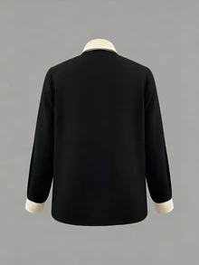 INAWLY Women's Contrast Color Pointed Collar Long Sleeve Single-Breasted Casual Shirt, Autumn Fall Cloth For Women - Black - View 2