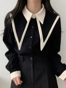 INAWLY Women's Contrast Color Pointed Collar Long Sleeve Single-Breasted Casual Shirt, Autumn Fall Cloth For Women - Black - View 3