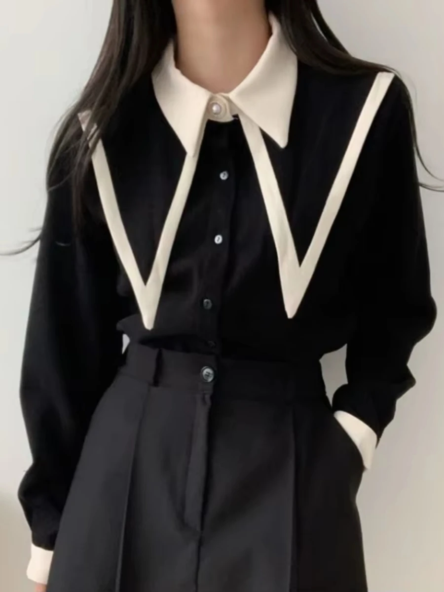 INAWLY Women's Contrast Color Pointed Collar Long Sleeve Single-Breasted Casual Shirt, Autumn Fall Cloth For Women - Black - View 1