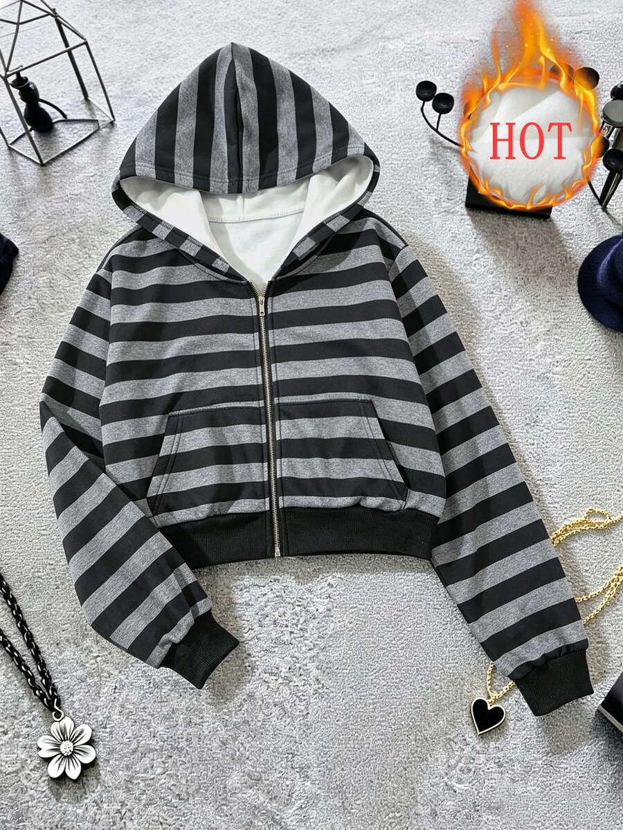 IslaSuriya Casual Grunge Streetwear Loose Drop Shoulder Striped Sweatshirt School Black And White Striped Autumn - Black - View 1