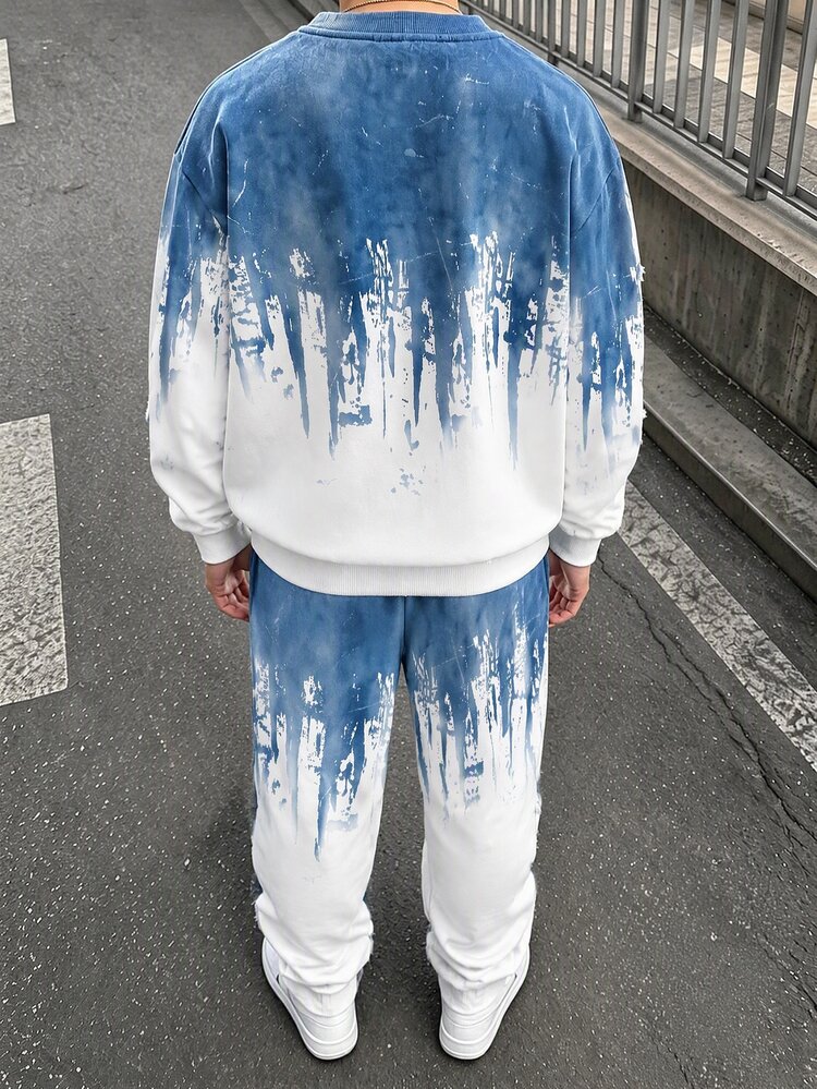Tween Boy Casual Minimalist Long Sleeve Comfortable Crew Neck Sweatshirt & Pants 2 Pieces Set, Suitable For Autumn/Winter, Classic Cool Blue Splatter Gradient Print, Streetwear, Y2K - Multicolor - View 4