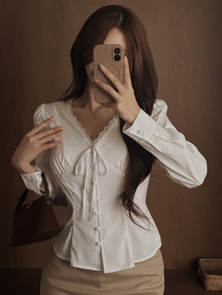 DAZY Solid Color Collared Slim Fit Short Sleeve White Women's Blouse Fall - White - View 4