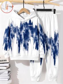 Tween Boy Casual Minimalist Long Sleeve Comfortable Hoodie & Pants 2 Pieces Set, Suitable For Autumn/Winter, Classic Cool Tie-Dye Pattern Print, Classic Text Graphic Print, Suitable For Street Style - Multicolor - View 3