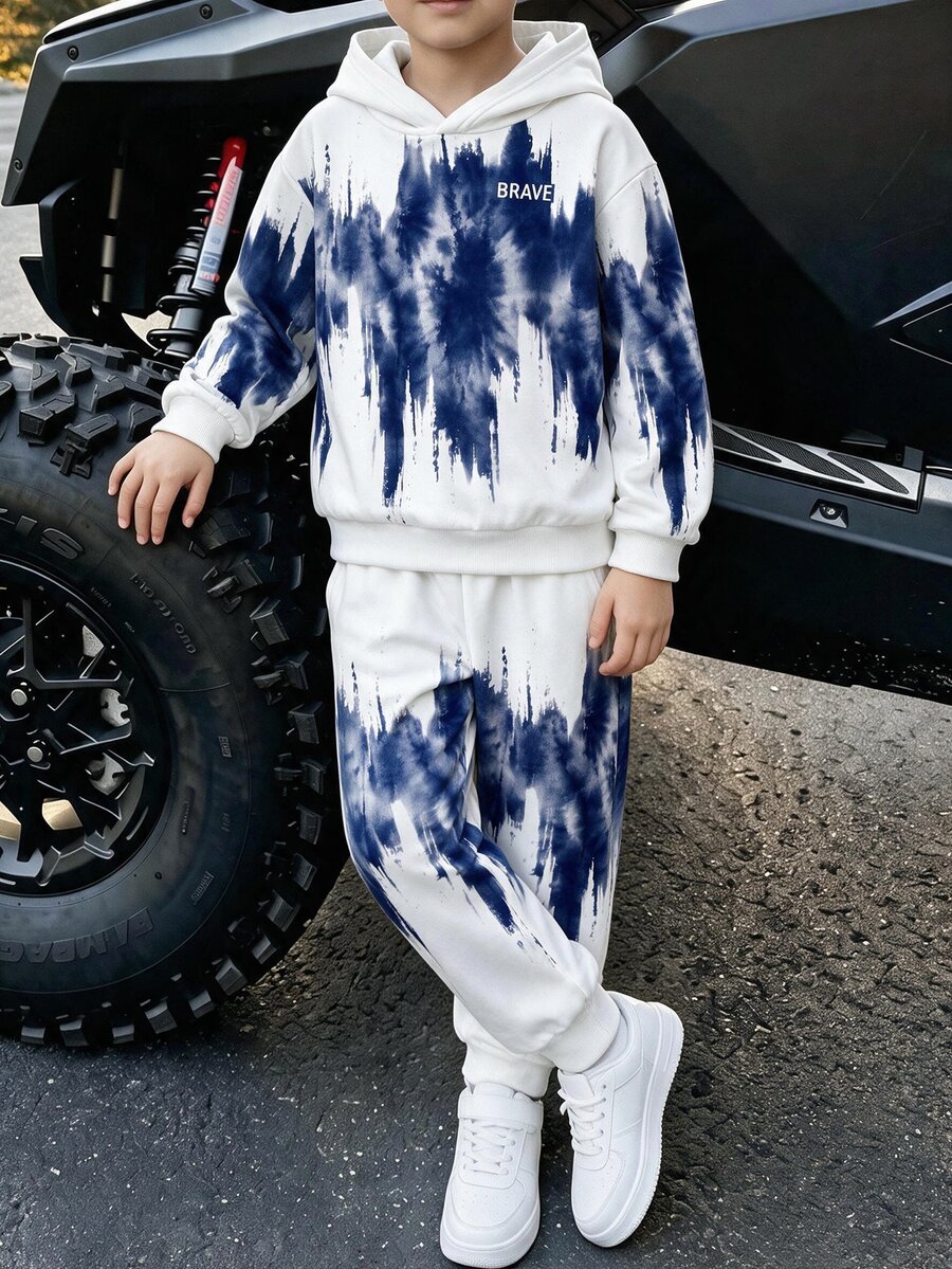 Tween Boy Casual Minimalist Long Sleeve Comfortable Hoodie & Pants 2 Pieces Set, Suitable For Autumn/Winter, Classic Cool Tie-Dye Pattern Print, Classic Text Graphic Print, Suitable For Street Style - Multicolor - View 1
