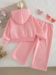 SHEIN 2件組少女連帽衛衣長褲套裝，甜美粉色蝴蝶結印花裝飾，長袖連帽常規款，生日派對秋季萬聖節聖誕獨角獸拉鍊款 - 粉色 - 查看 3