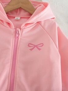 SHEIN 2件組幼女拉鍊連帽外套寬腿長褲套裝，甜美學院風粉色蝴蝶結印花，羅紋袖口長袖，適合戶外秋季芭蕾公主風 - 粉色 - 查看 4