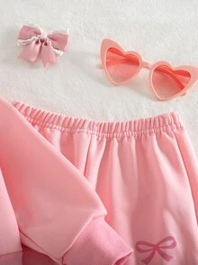 SHEIN 2件組幼女拉鍊連帽外套寬腿長褲套裝，甜美學院風粉色蝴蝶結印花，羅紋袖口長袖，適合戶外秋季芭蕾公主風 - 粉色 - 查看 5