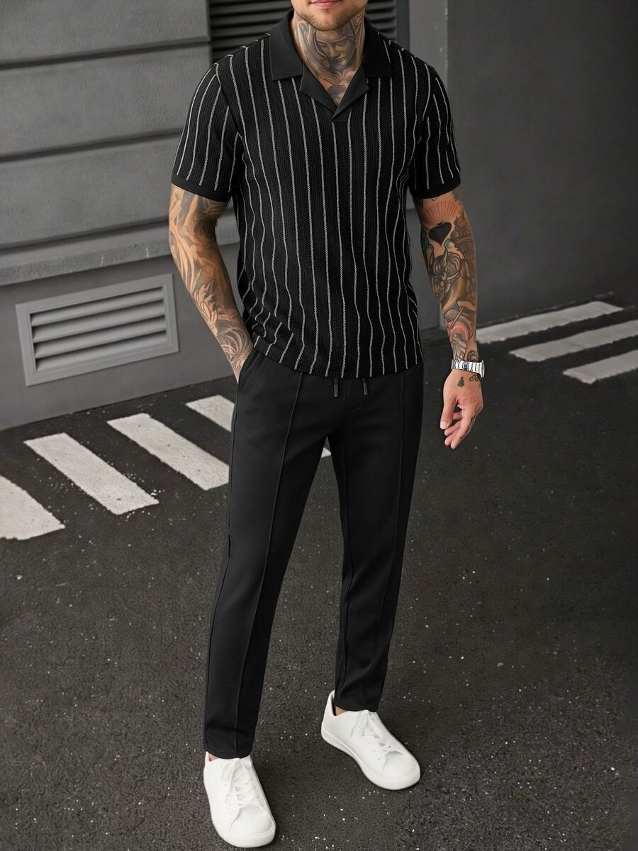 SLATEMANN Men's Business Casual Daily Commute Striped Short Sleeve Polo Set - Black - View 1