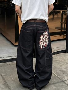 Manfinity Roghcode Men's Dark Grey Retro Streetwear Street Print Multifunctional Large Pocket Loose Wide Leg Baggy Jeans Off Campus College Autumn - Black - View 2