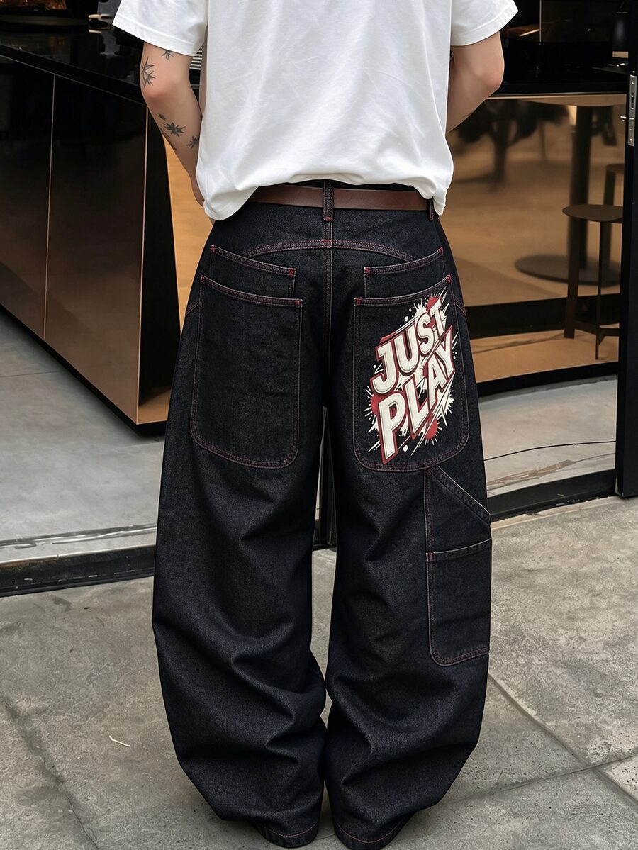 Manfinity Roghcode Men's Dark Grey Retro Streetwear Street Print Multifunctional Large Pocket Loose Wide Leg Baggy Jeans Off Campus College Autumn