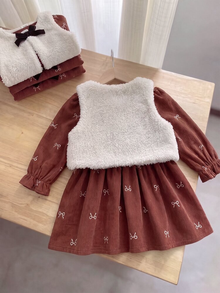 SHEIN Playful Pals 2pcs Baby Girl Toddler Girl Corduroy Dress Vest Cute Brown White Plush Bow Embroidered Long Sleeve Round Neck Thick Holiday Winter Fall Rib - Brown - View 2