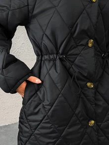 Rafferiza Women's Waterproof Diamond-Quilted Long Coat Featuring Functional Side Pockets, Collarless Neckline And Buttom Detalied, Daily Minimalist A-Line Silhouette - الأسود - مشاهدة 5