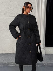 Rafferiza Women's Waterproof Diamond-Quilted Long Coat Featuring Functional Side Pockets, Collarless Neckline And Buttom Detalied, Daily Minimalist A-Line Silhouette - الأسود - مشاهدة 6