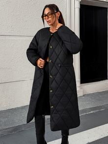 Rafferiza Women's Waterproof Diamond-Quilted Long Coat Featuring Functional Side Pockets, Collarless Neckline And Buttom Detalied, Daily Minimalist A-Line Silhouette - الأسود - مشاهدة 4