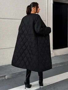 Rafferiza Women's Waterproof Diamond-Quilted Long Coat Featuring Functional Side Pockets, Collarless Neckline And Buttom Detalied, Daily Minimalist A-Line Silhouette - الأسود - مشاهدة 8