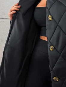 Rafferiza Women's Waterproof Diamond-Quilted Long Coat Featuring Functional Side Pockets, Collarless Neckline And Buttom Detalied, Daily Minimalist A-Line Silhouette - الأسود - مشاهدة 9
