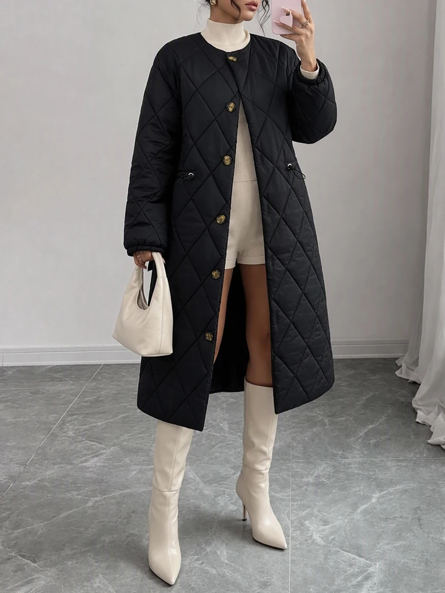 Rafferiza Women's Waterproof Diamond-Quilted Long Coat Featuring Functional Side Pockets, Collarless Neckline And Buttom Detalied, Daily Minimalist A-Line Silhouette - الأسود - مشاهدة 1