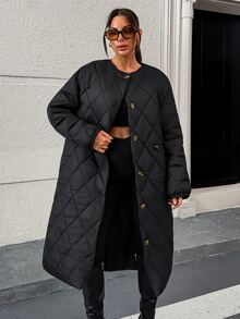 Rafferiza Women's Waterproof Diamond-Quilted Long Coat Featuring Functional Side Pockets, Collarless Neckline And Buttom Detalied, Daily Minimalist A-Line Silhouette - الأسود - مشاهدة 3