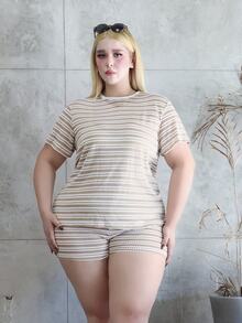 CHERRY TINTT SELECTION Plus Size Women Casual Striped Short Sleeve T-Shirt & Shorts 2 Pieces Set - Multicolor - View 5