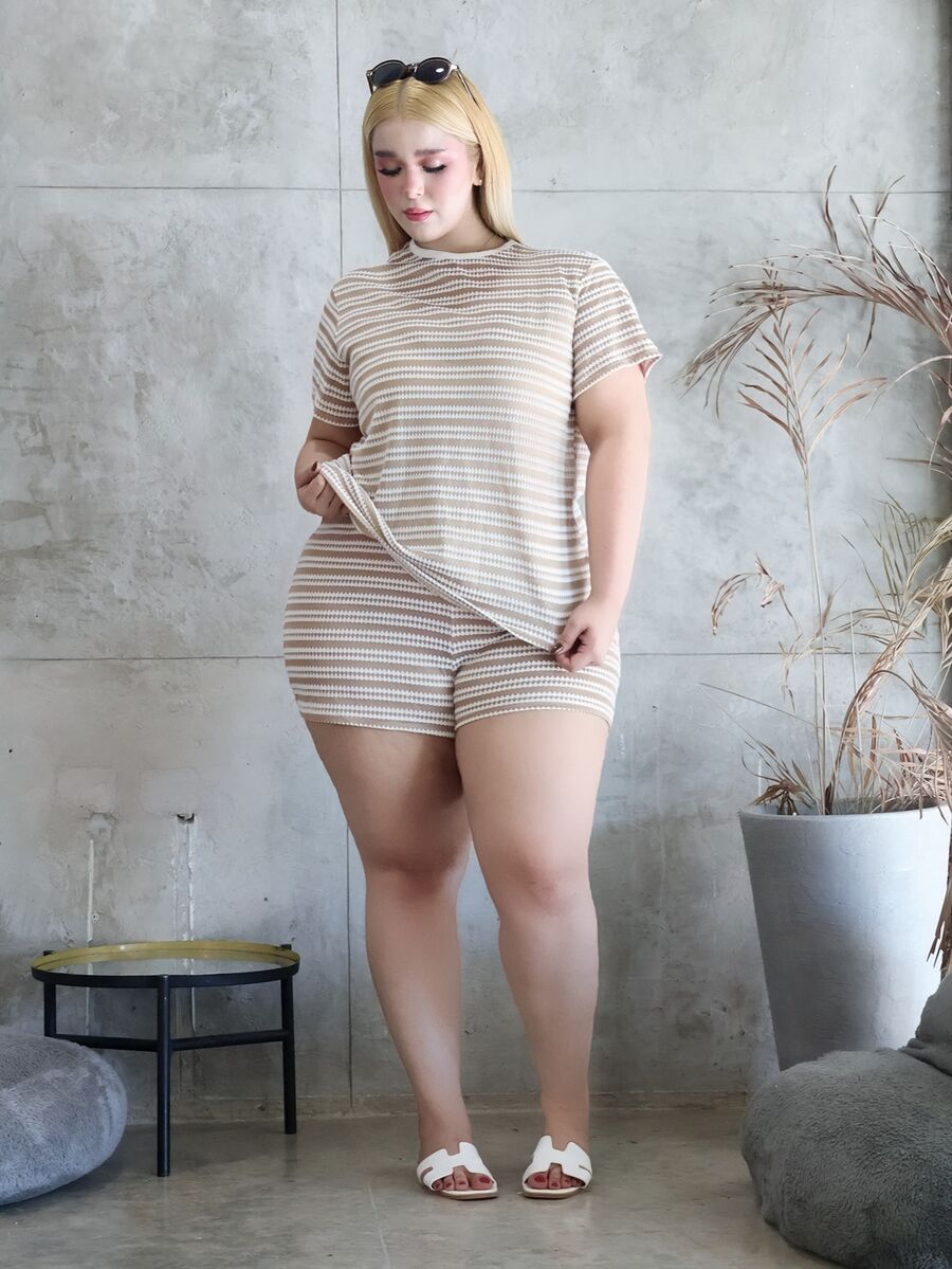 CHERRY TINTT SELECTION Plus Size Women Casual Striped Short Sleeve T-Shirt & Shorts 2 Pieces Set - Multicolor - View 1
