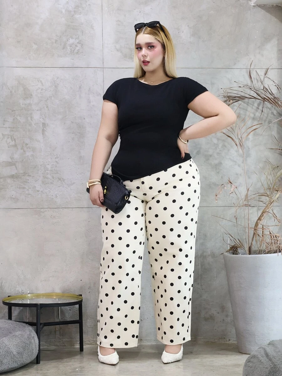 CHERRY TINTT SELECTION Asymmetrical Waist Casual Vacation Polka Dot Denim Pants - Multicolor - View 1