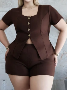 CHERRY TINTT SELECTION Plus Size Women Summer Casual Daily Office Commute Simple Solid Color Square Neck Single-Breasted Fitted Top And Shorts 2 Pieces Set - Coffee Brown - View 3