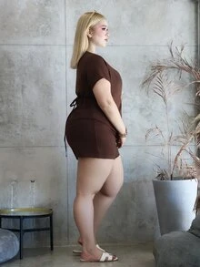 CHERRY TINTT SELECTION Plus Size Women Summer Casual Daily Office Commute Simple Solid Color Square Neck Single-Breasted Fitted Top And Shorts 2 Pieces Set - Coffee Brown - View 5