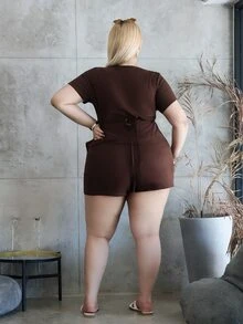 CHERRY TINTT SELECTION Plus Size Women Summer Casual Daily Office Commute Simple Solid Color Square Neck Single-Breasted Fitted Top And Shorts 2 Pieces Set - Coffee Brown - View 2