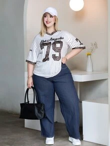 CHERRY TINTT SELECTION Celana Jeans Boyfriend Kasual Garis-garis Sederhana dengan Kantong Kancing Depan Ukuran Besar - Navy Blue - View 1