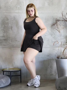 CHERRY TINTT SELECTION Plus Size Women's Sleeveless Romper, Solid Color Pockets,One Piece Outfit - Black - View 3