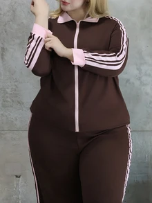 CHERRY TINTT SELECTION 大尺碼休閒運動風棕色織帶兩件套 女款運動服套裝 棕色休閒兩件套 女士套裝 - 棕色 - 查看 3