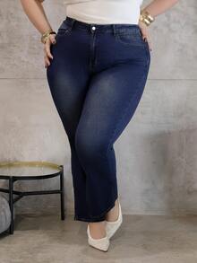 CHERRY TINTT SELECTION Spring Plus Size Women Retro Elastic Fitted Flare Jeans, Versatile Cowgirl Rodeo - Blue - View 3