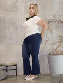 CHERRY TINTT SELECTION Spring Plus Size Women Retro Elastic Fitted Flare Jeans, Versatile Cowgirl Rodeo - Blue - View 1