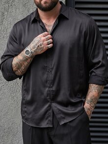 DRIVNCORE 男士大尺碼成熟休閒布料側縫設計長袖襯衫，正式，儀式 - 黑色 - 查看 4