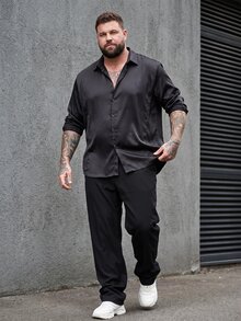 DRIVNCORE 男士大尺碼成熟休閒布料側縫設計長袖襯衫，正式，儀式 - 黑色 - 查看 3