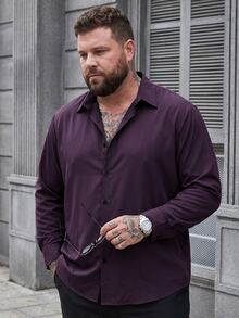 DRIVNCORE 大尺碼男士休閒純色長袖寬鬆襯衫，適合日常通勤，春秋款鈕扣開襟男士襯衫，大碼高個正裝 - 紫色 - 查看 3