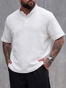 DRIVNCORE Plus Size Men's Stand Collar Polo Shirt, Knitted Jacquard Fabric, Casual Daily Wear, Fashionable Versatile Style - White - View 3