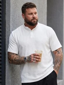 DRIVNCORE Plus Size Men's Stand Collar Polo Shirt, Knitted Jacquard Fabric, Casual Daily Wear, Fashionable Versatile Style - White - View 1