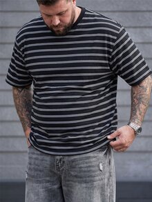 DRIVNCORE 男士大尺碼休閒條紋短版寬鬆T恤，百搭日常條紋T恤 - 黑與白 - 查看 3