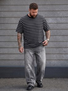 DRIVNCORE 男士大尺碼休閒條紋短版寬鬆T恤，百搭日常條紋T恤 - 黑與白 - 查看 4