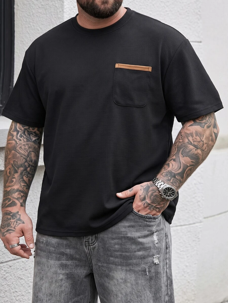 DRIVNCORE Men's Plus Size Colorblock Waffle Knit Crew Neck Short Sleeve Pocket T-Shirt - Black - View 1