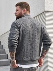Manfinity Homme Men's Plus-Size Dark Grey Autumn Smart Casual Cable Knit Quarter-Zip Sweatshirt,Textured Stand Collar Pullover Sweater For Hiking,Daily Commuting - Dark Grey - View 2