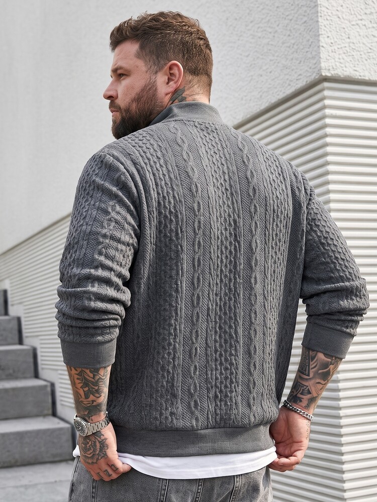 Manfinity Homme Men's Plus-Size Dark Grey Autumn Smart Casual Cable Knit Quarter-Zip Sweatshirt,Textured Stand Collar Pullover Sweater For Hiking,Daily Commuting - Dark Grey - View 2