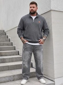 Manfinity Homme Men's Plus-Size Dark Grey Autumn Smart Casual Cable Knit Quarter-Zip Sweatshirt,Textured Stand Collar Pullover Sweater For Hiking,Daily Commuting - Dark Grey - View 3