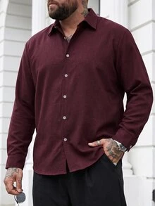 DRIVNCORE Plus Size Men's Long-Sleeved Button Front Shirt, Fall, Formal - Burgundy - View 1