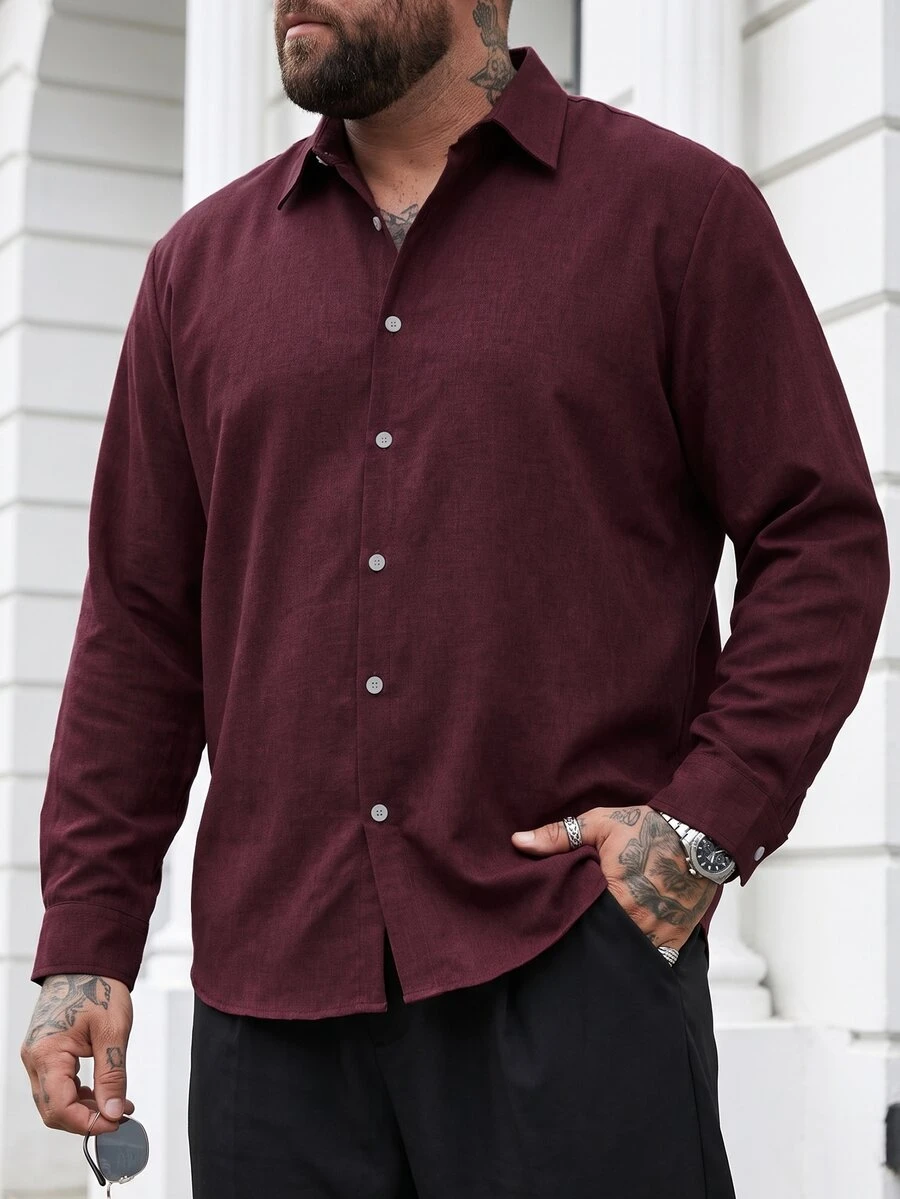 DRIVNCORE Plus Size Men's Long-Sleeved Button Front Shirt, Fall, Formal - Burgundy - View 1