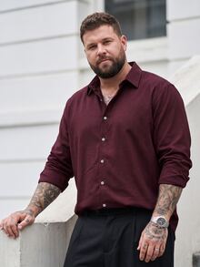 DRIVNCORE Plus Size Men's Long-Sleeved Button Front Shirt, Fall, Formal - Burgundy - View 4